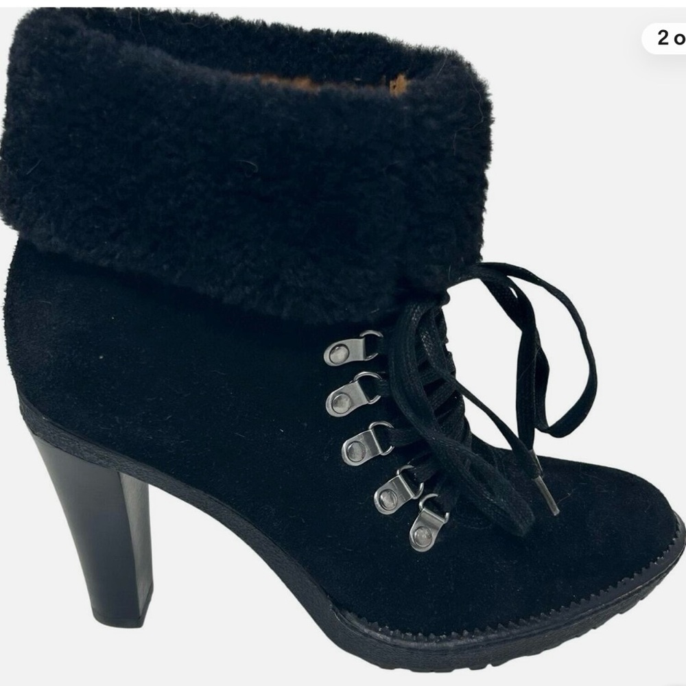 EUC Suede Faux Fur Laced Booties, Black, 4” Heels, Rubber Sole, Women’s 9.